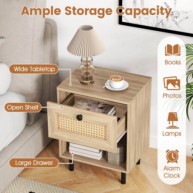 Costway 1/2 PCS Rattan Nightstand Boho End Table with Drawer & Open - See Details