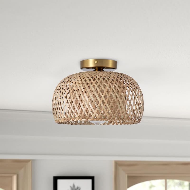 Farmhouse 1-Light Hand-Woven Semi Flush Mount Ceiling Light with Natural Bamboo Shade