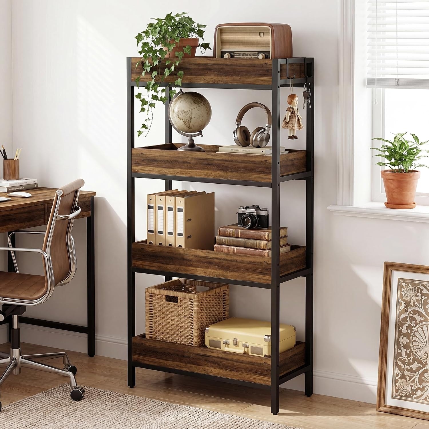 55-Inch Tall Bookcase with 4 Hooks for Living Room, Home Office