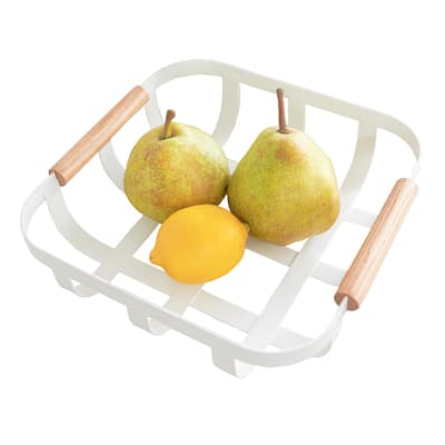 Yamazaki Home Fruit Basket, Steel and Wood - L 8.66 x W 9.25 x H 2.36 inches