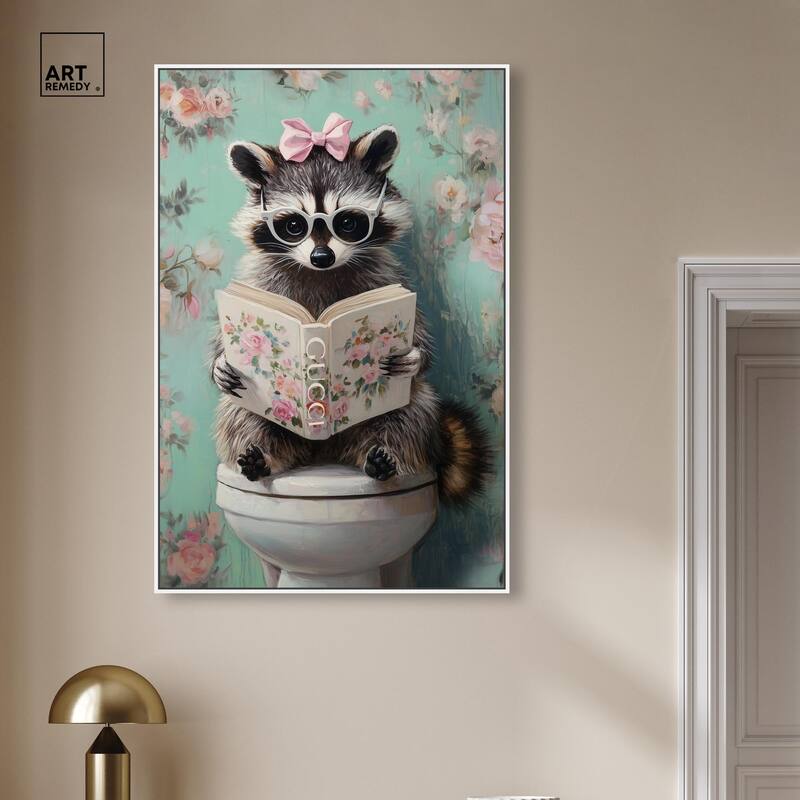 Petite Floral Toilet Raccoon Canvas by Art Remedy