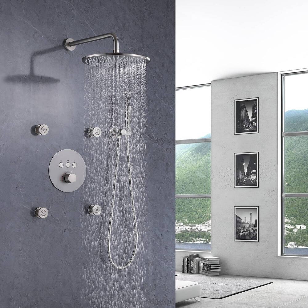 Thermostatic Shower System With Rough-in Valve Wall Mount Shower Faucet With Body Jet And Hand Shower 12 Inch Shower Head Set