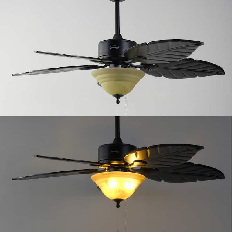 Owen 52" 3-Light Coastal Bohemian Iron/Wood Palm Leaf LED Ceiling Fan with Pull Chain, by JONATHAN Y