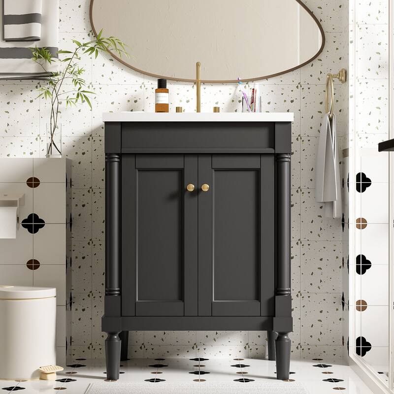 24 Inch Bathroom Vanity with Ceramic Top Sink, Freestanding Single Sink Vanity with Storage Shelves, Modern Style - Black