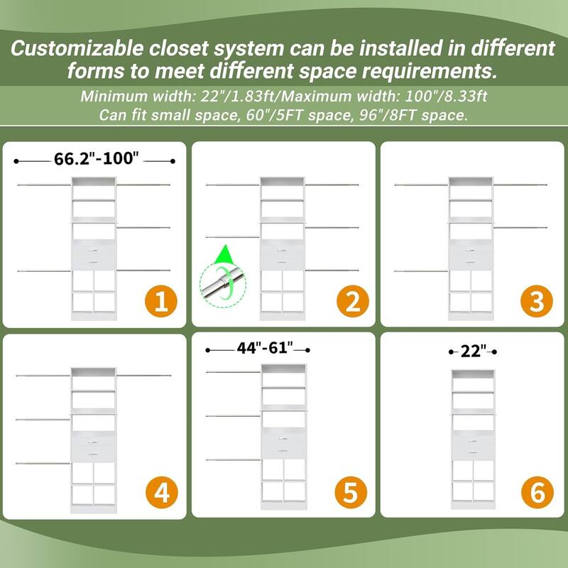 66''-100'' Walk-in Closet Organizer with 5 Hanging Rods and 2 Wooden Drawers，4-8FT Sturdy Closet System with Storage Shelves