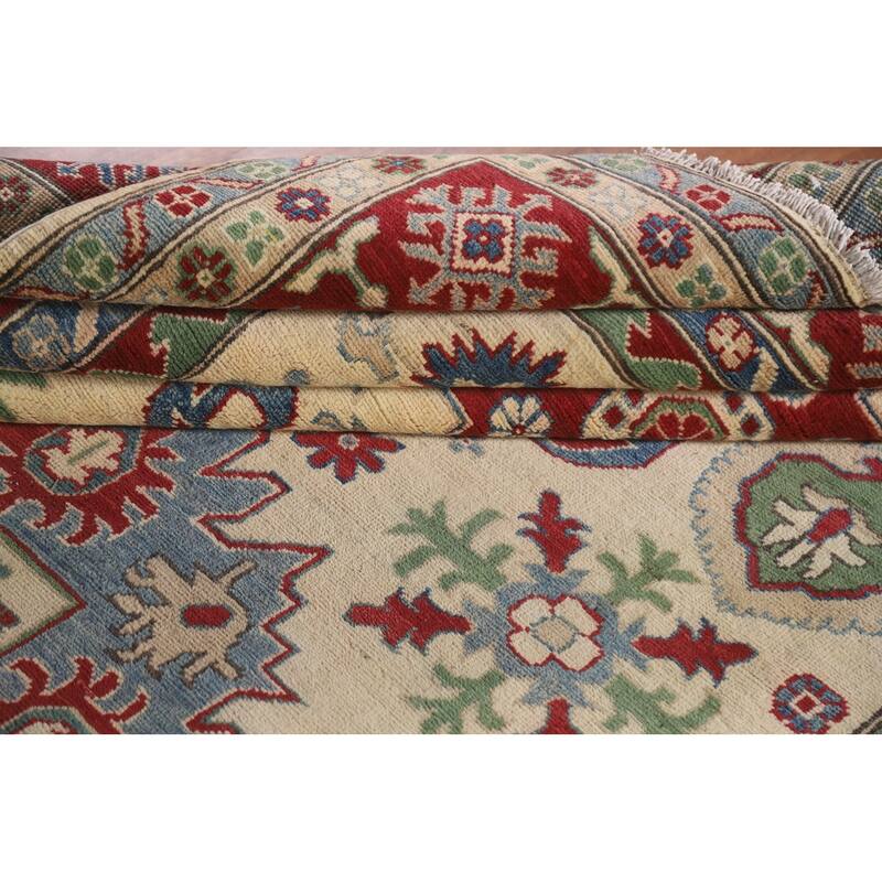 Hand Knotted Oriental 100% Wool Carpet Traditional Geometric Beige & Ivories Kazak Area Rug - 9' 9'' X 6' 7''