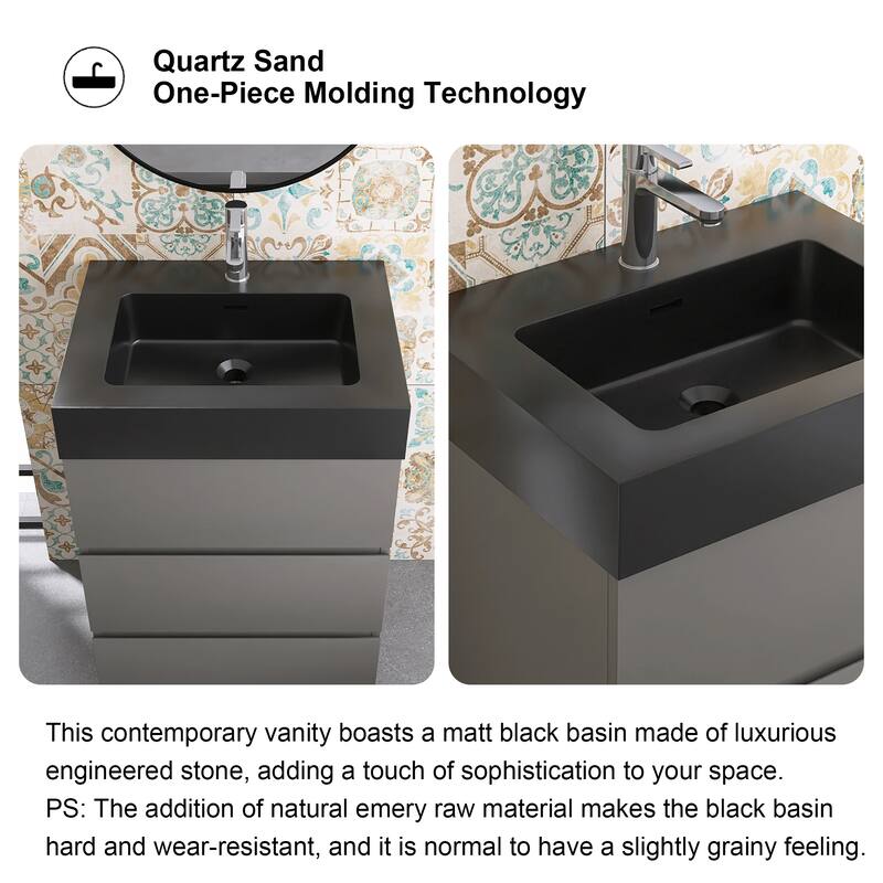 Freestanding Bathroom Vanity with Black Solid Surface Top