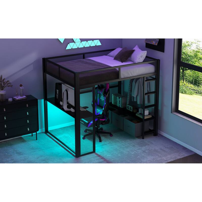 Full Size Black Metal Gaming Loft Bed with LED Lights, Built-in Desk, Wardrobe & 3 Storage Drawers