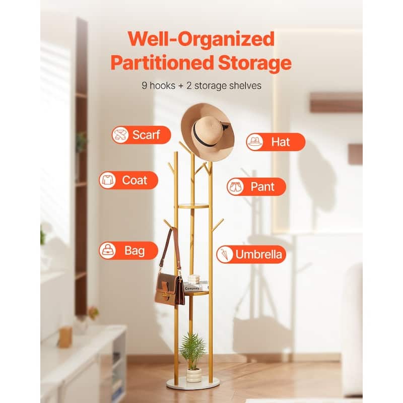 9-Hook Freestanding Coat Rack Stand with Gold Finish and Quartz Base for Living room or Bedroom - 13.4” x 13.4” x 66.93”