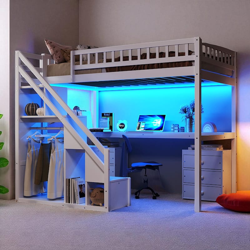 Twin/Full Loft Bed with Desk, 2 Storage Drawers, LED Light Strip, Side Stairs, Study & Space-Saving Design