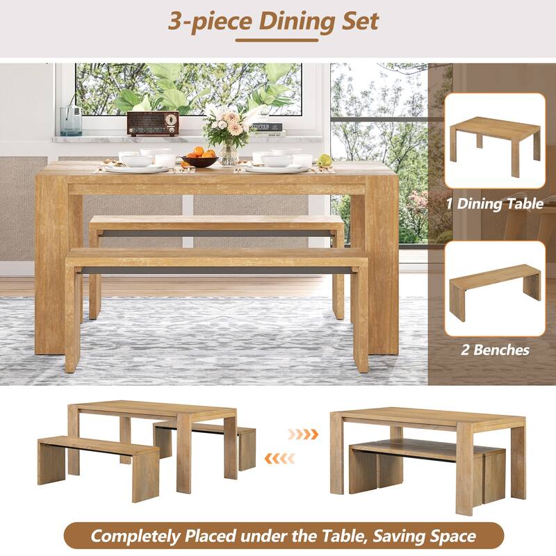 3-piece Farmhouse Style Simple Dining Set, Dining Table and 2 Benches, for Dining Room, Kitchen and Living Room (Natural