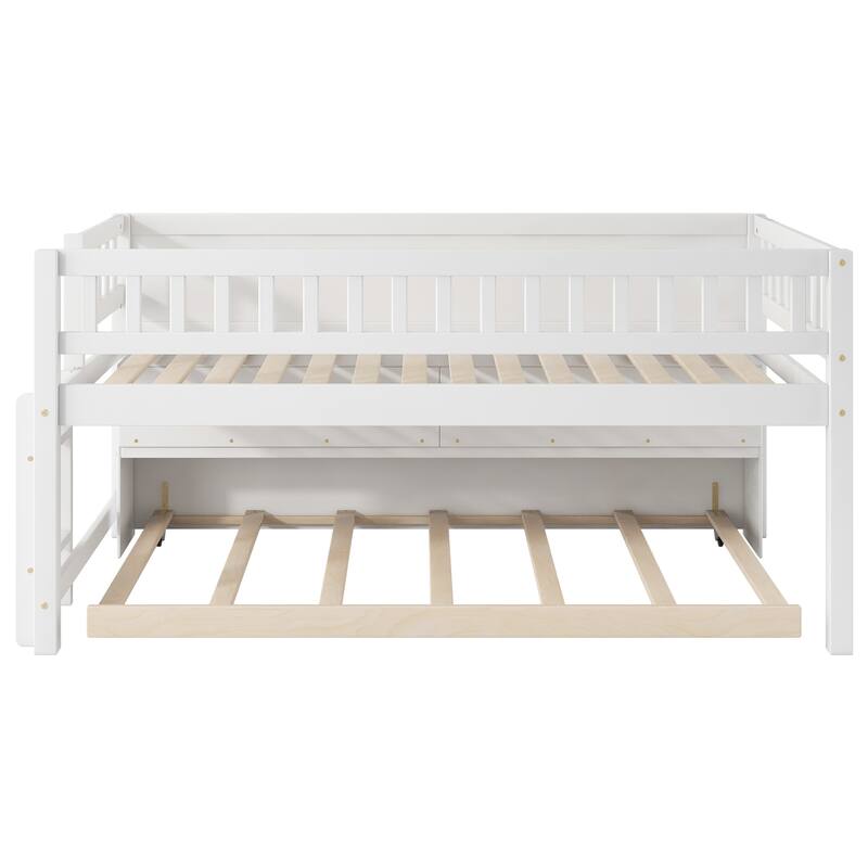 Twin Size Solid Platform Bed With Trundle And Blackboard - 2 Storage Shelves, No Box Spring Needed