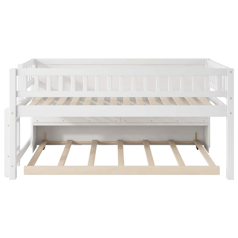 Twin Size Wood Low Loft Bed with Trundle, Storage Shelves & Blackboard