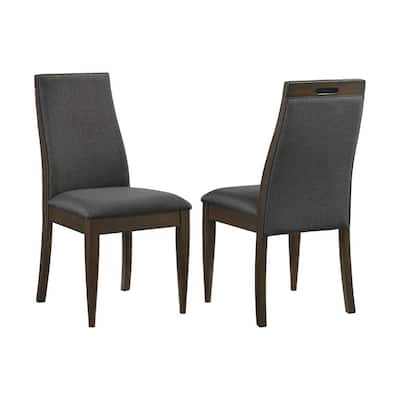 Set of 2 Dining Chairs with Grey Fabric Upholstery and Dark Walnut Finish
