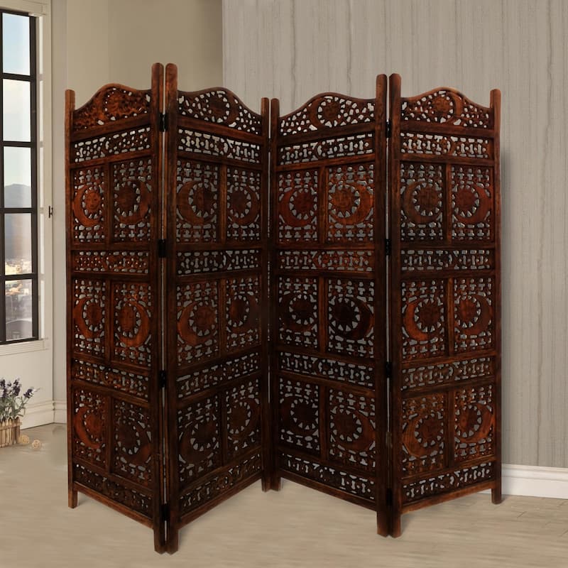 Hand Carved Sun And Moon Design Foldable 4 Panel Wooden Room Divider, Brown - Brown