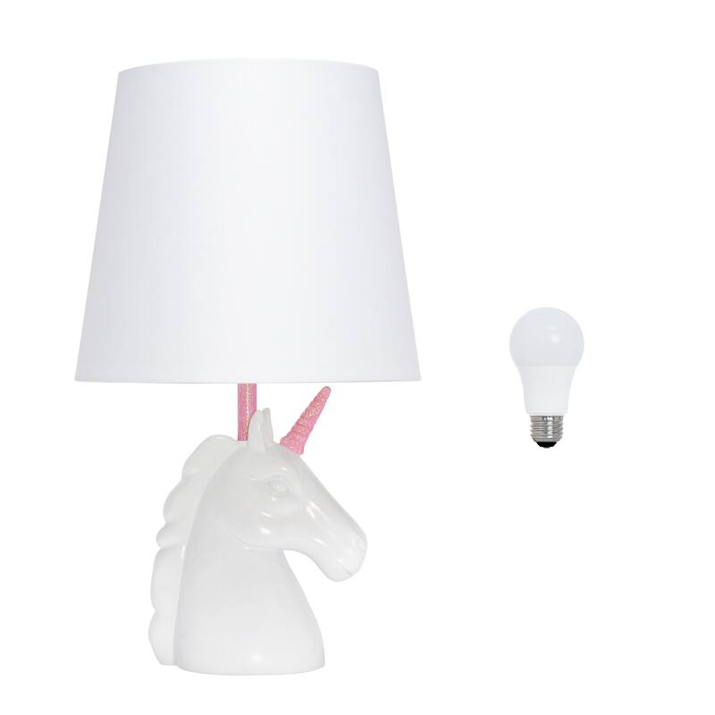 Simple Designs 15.5" Sparkling Glitter Unicorn Table Lamp, White with Blue Glitter, With LED Bulb