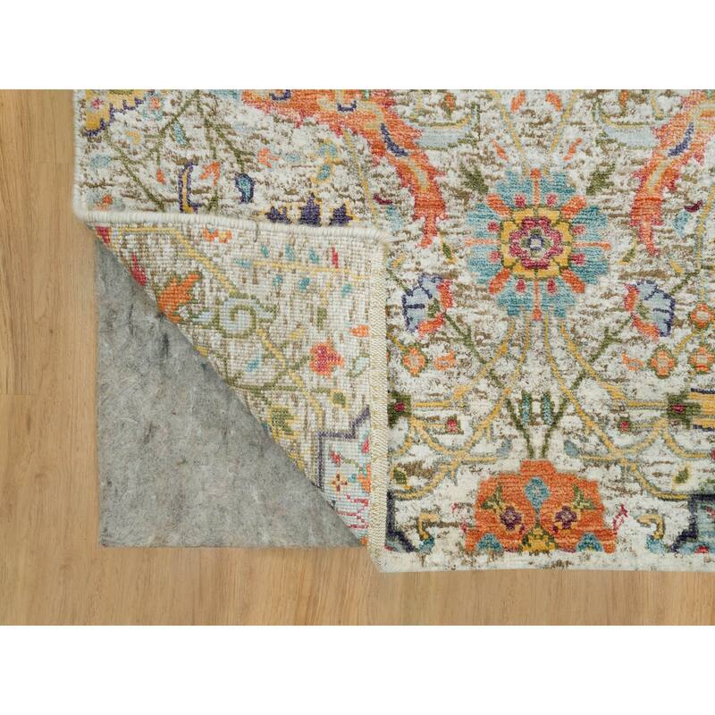 Shahbanu Rugs Manchester Tan, Hand Knotted Sickle Leaf Design, Silk With Textured Wool, Soft