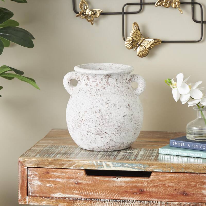 Ceramic Antique Style Textured Pot Decorative Vase with Handles - Cream - Roche River Decor