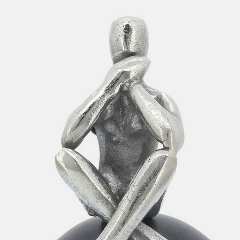 Thinking Man sitting on Orb Figurine - 9" - Silver and Black
