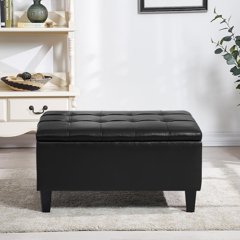 Large Mid-Century Tufted Faux Leather Storage Ottoman