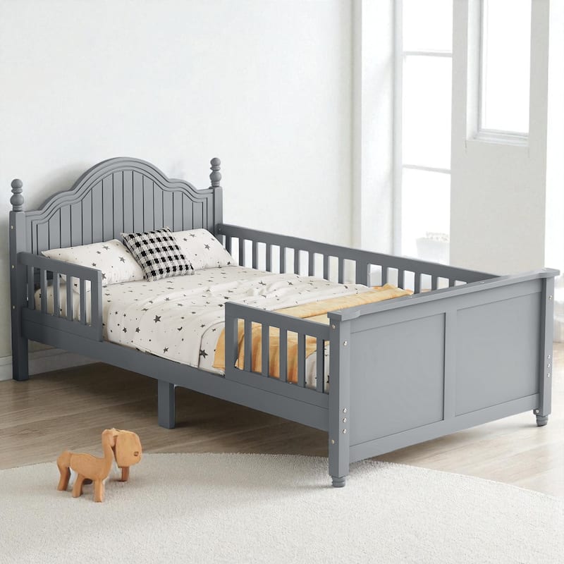 Twin/Full Size Wooden Kids Bed with Headboard, Footboard, Guardrails and Storage, Platform Bed Frame - Grey - Twin