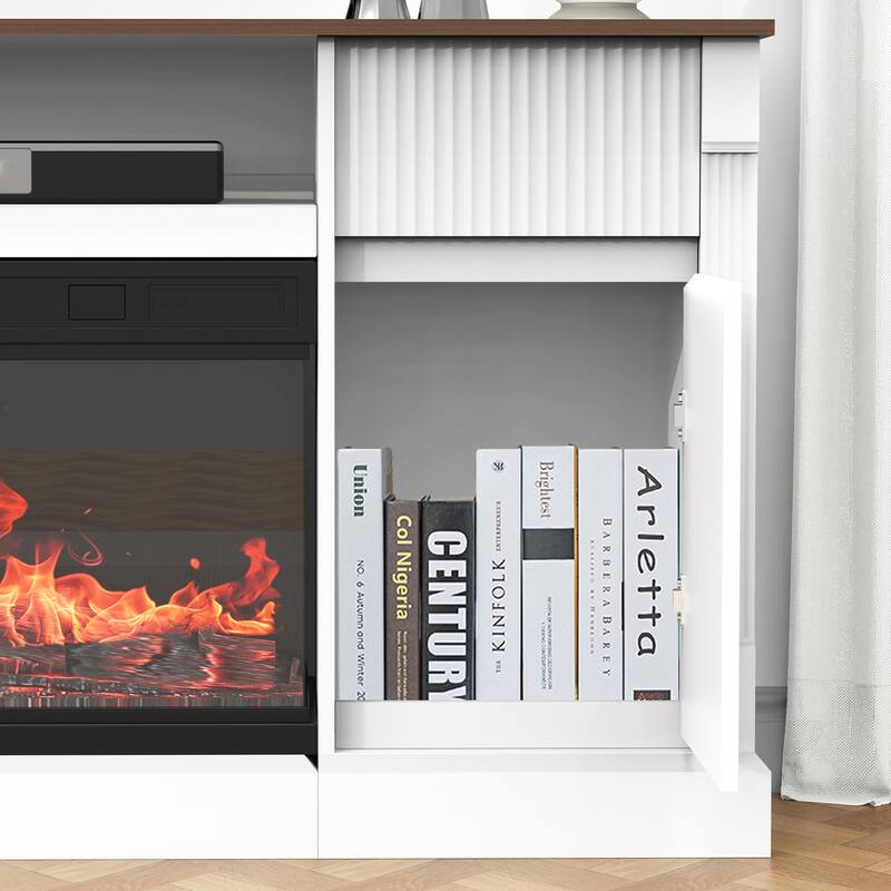 69" Fireplace TV Stand with Electric Fireplace, Modern Entertainment Center with LED Lights for TVs up to 80", White
