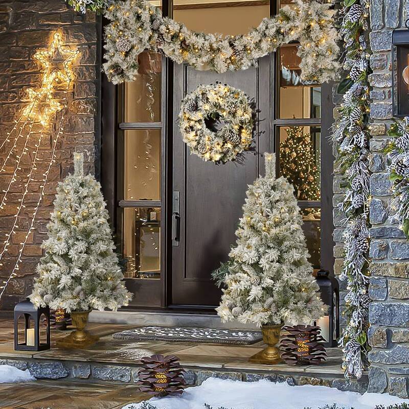 Pre-lit Xmas Tree Artificial Christmas 4-Piece Set,Wreath and Set of 2 Entrance Trees X-mas with LED Lights, Christmas Tree - 4 Foot
