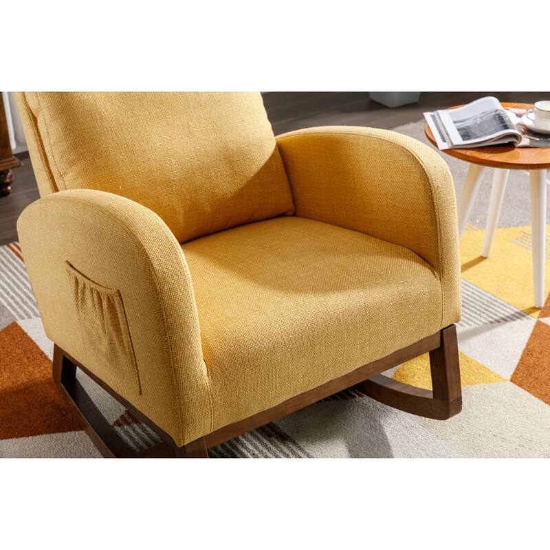 Linen High-Back Rocking Chair with Recliner Function, Side Pocket, and Solid Wood Legs