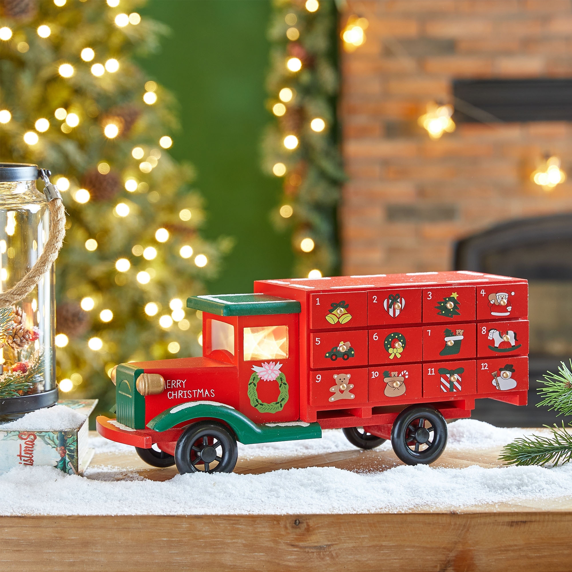 Glitzhome 14.5"L Wooden LED Christmas Truck Countdown Calendar Cute Gifts