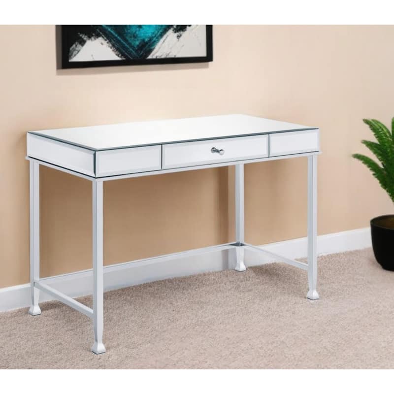 Mirrored Wood Writing Desk with Chrome Metal Base and Drawer