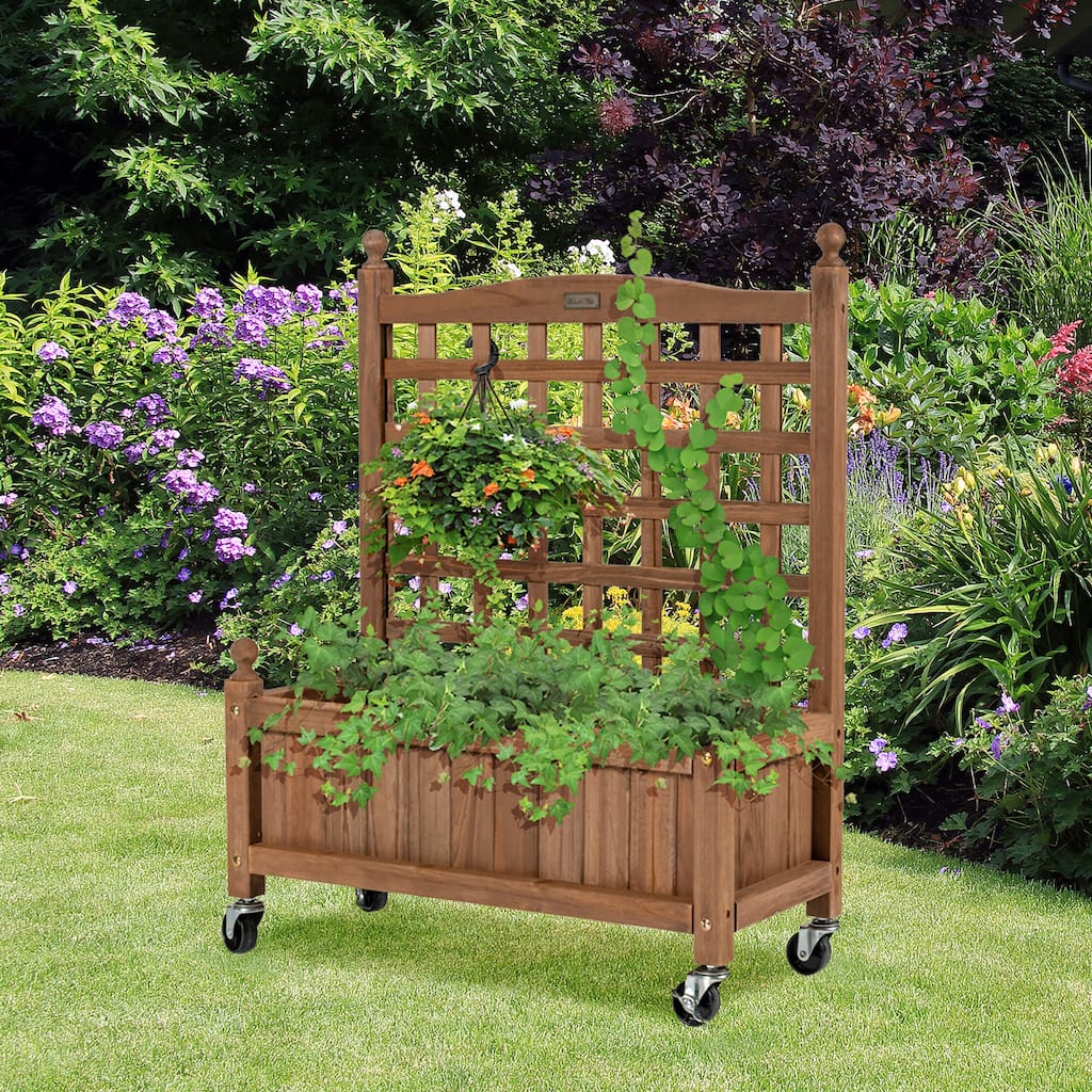 Mobile Plant Raised Bed Wood Flower Box with Lattice Trellis