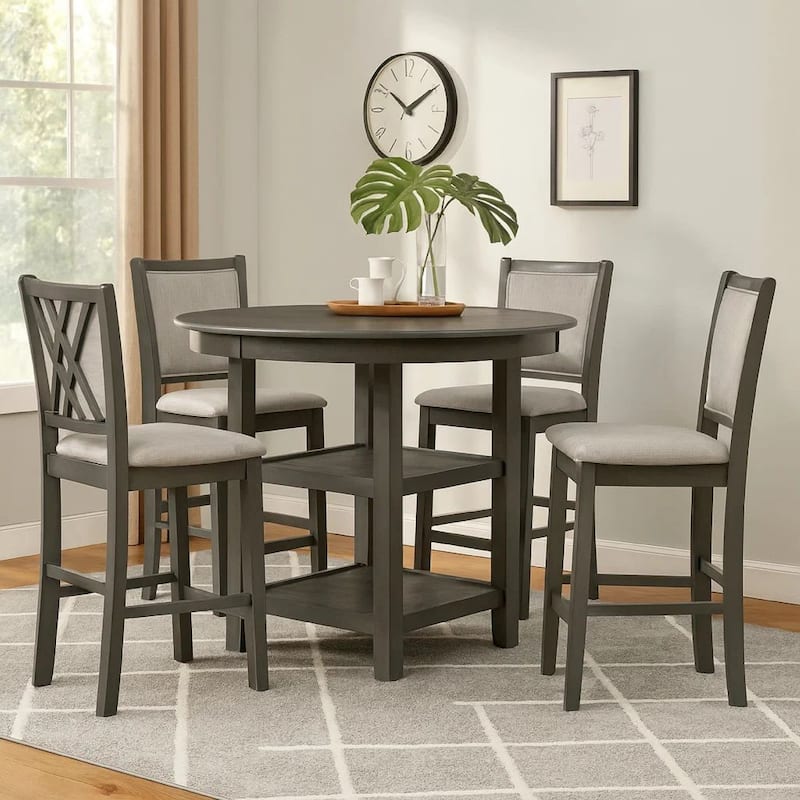 Isla 5 Piece Counter Height Table Set, 4 Crossback Chairs, Gray Polyester