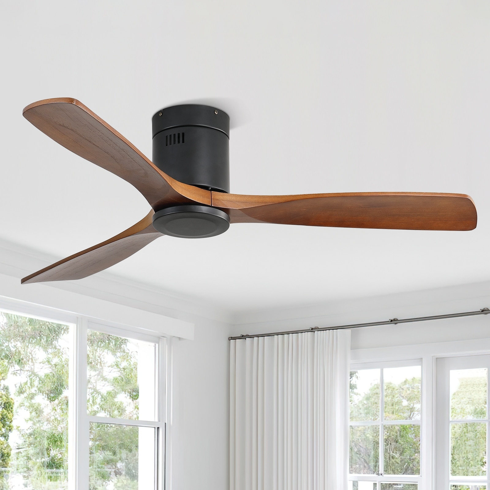 Sofucor 52 Inch Solid Wood Flush Mount Indoor Ceiling Fan without Light,Remote Control,Retractable Blades,Smart Optional