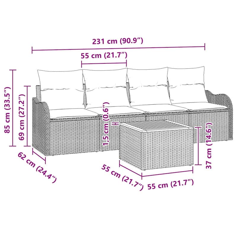vidaXL 5 Garden Sofa Set with Cushions Black Poly Rattan - 90.9 x 24.4 x 27.2