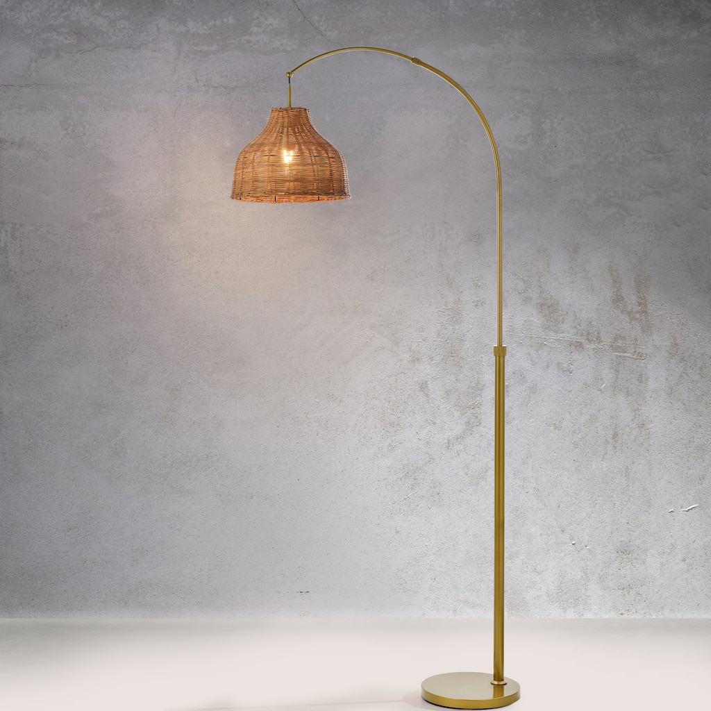 CraftHome 75" Gold Arc Floor Lamp with Brown Rattan Shade - Overstock ...