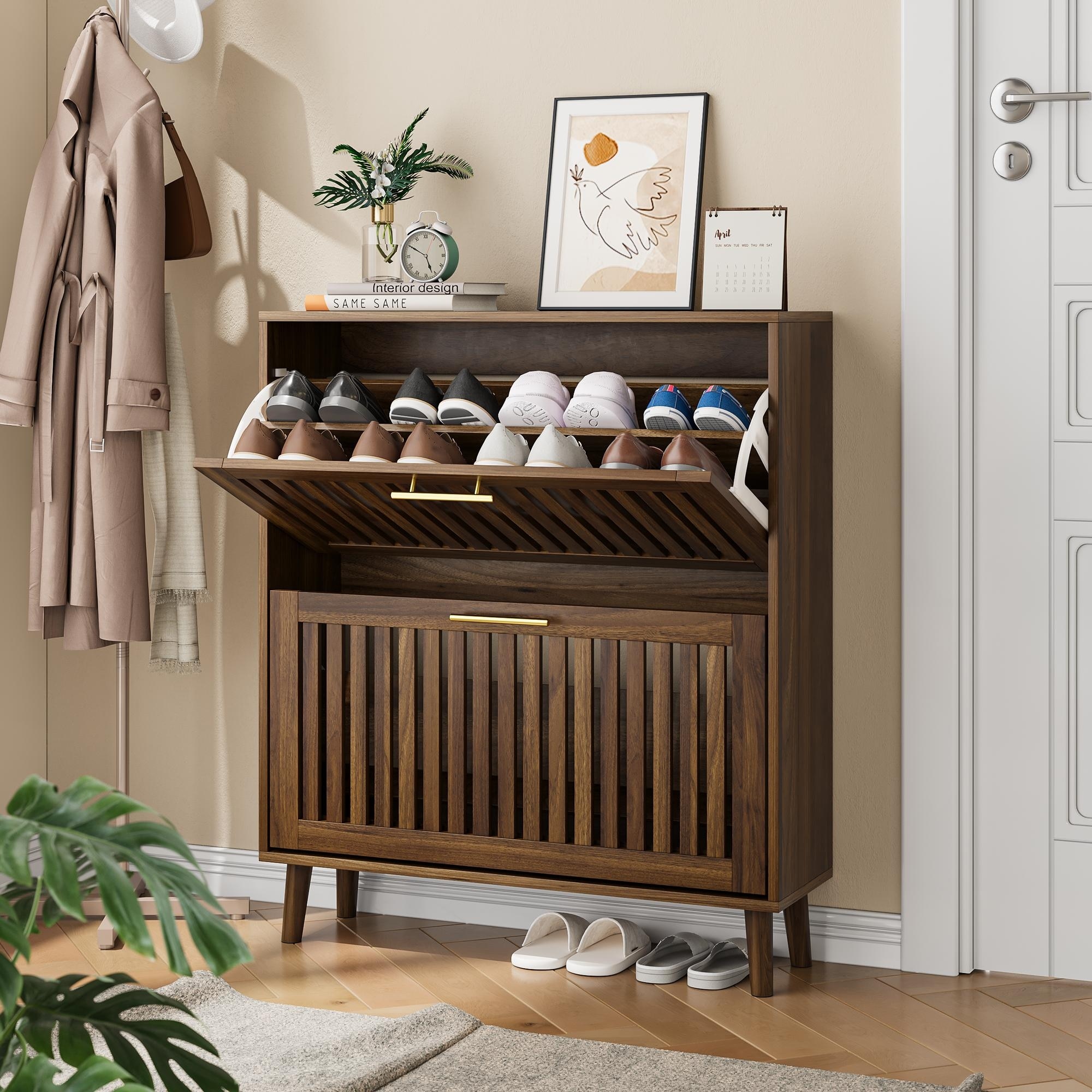 Javlergo Walnut Shoe Cabinet with 2 Flip Drawers Slim Freestanding Storage Rack with Grille Doors & Metal Handles for Entryway