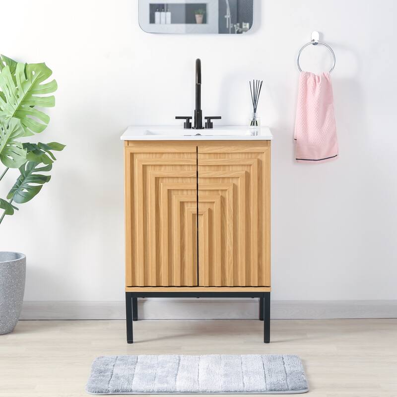 Rowan Geometric Modern Transitional 2-Shelf Bath Vanity Cabinet Only (Sink Basin Not Included), By JONATHAN Y - Oak - 24"W x 18"D x 33"H