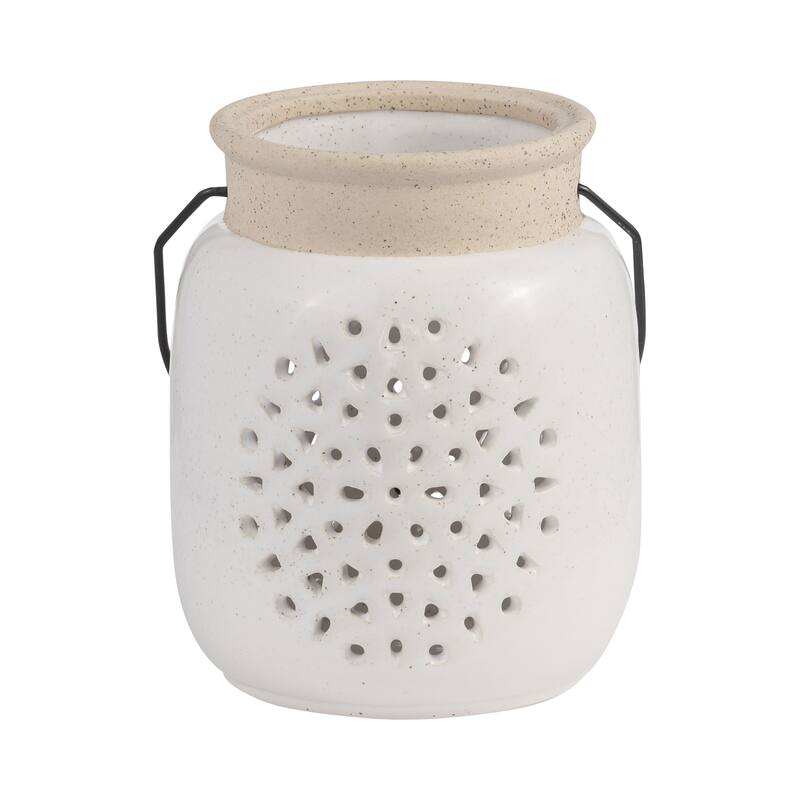 Ceramic Cylinder Flower Cut-Out Lantern - Ivory, 6 in.