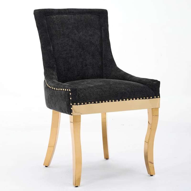 Chenille Dining Chairs, with Curved Gold - Plated Legs & Rivet Trim, Accent Seating with Textured Fabric, Set of 2