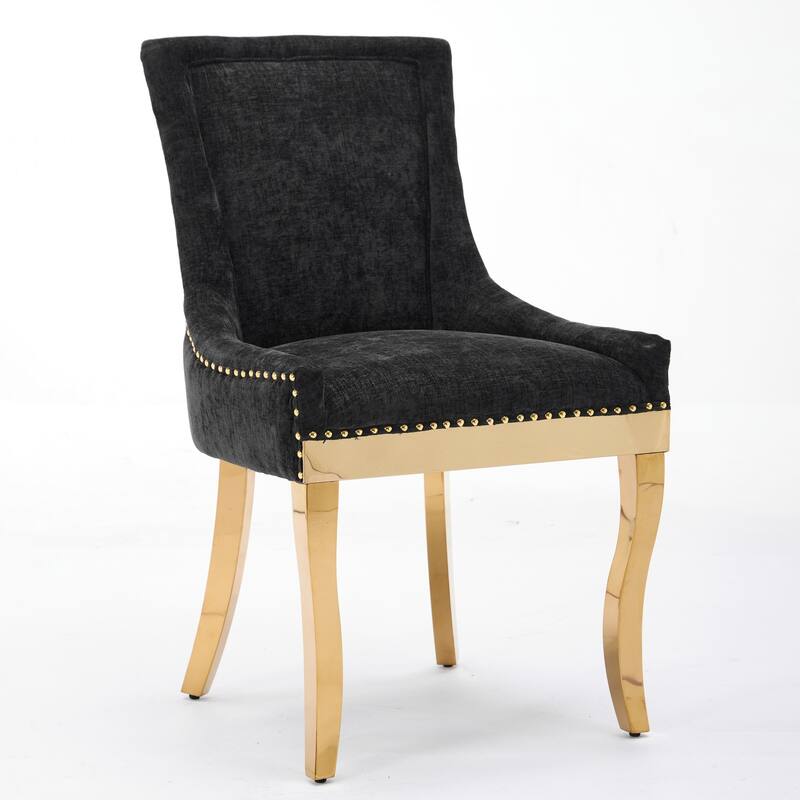 Chenille Dining Chairs,Curved Gold - Plated Legs & Rivet Trim,Accent Seating With Textured Fabric&One-Piece Structure,Set Of 2