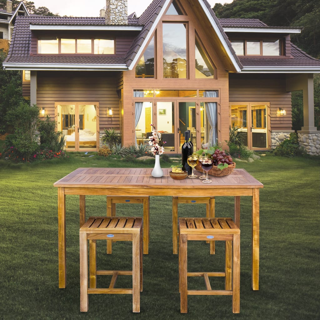Chic Teak 5 Piece Teak Wood Antigua Patio Counter Height Bistro Set with 63" Rectangular Table and 4 Stools