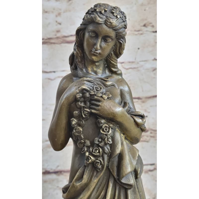 Young Girl Holding Floral Wreath Lei Bronze Statue Sculpture Figure 13 Inches X 4 Inches