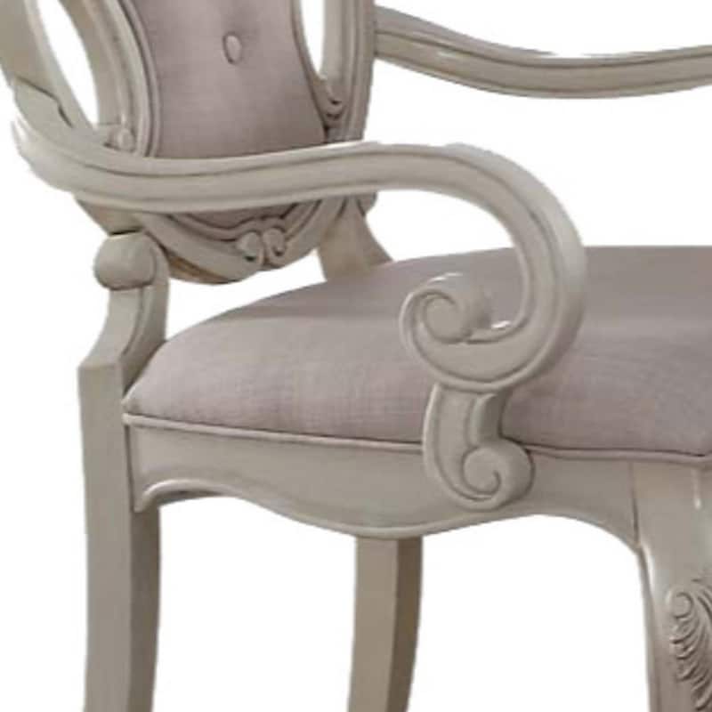 Fabric Upholstered Wooden Arm Chairs with Cabriole Legs, White and Gray, Set of Two