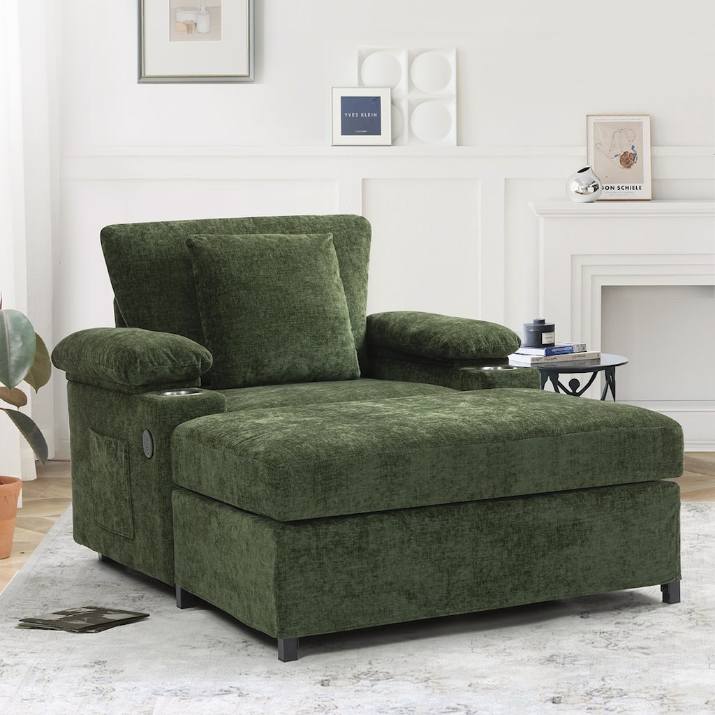 Chenille Oversized Chair with Ottoman and USB Charging Ports