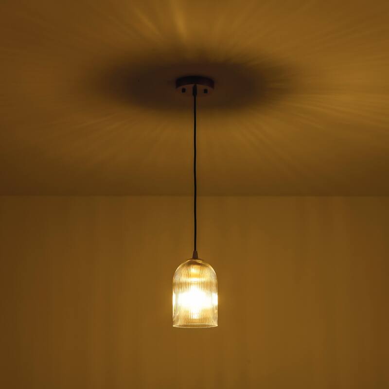 1-Light Modern Rustic Black/Gold Metal Island Pendant Light with Textured Grey/Clear Glass Bell Shade
