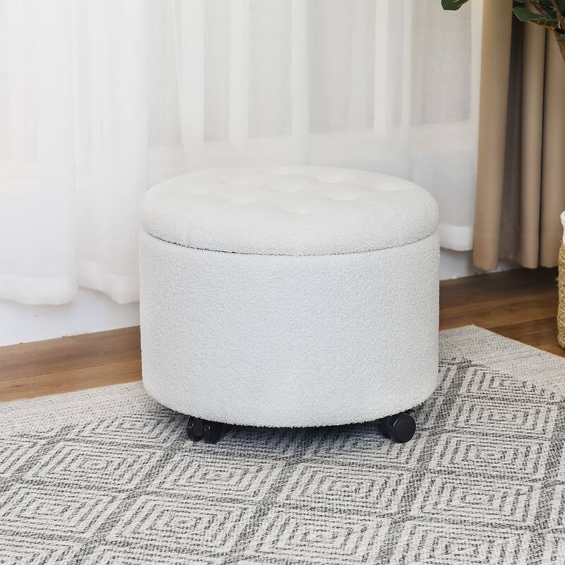 Adeco 20" Wide Button Tufted Round Storage Ottoman with Casters - White