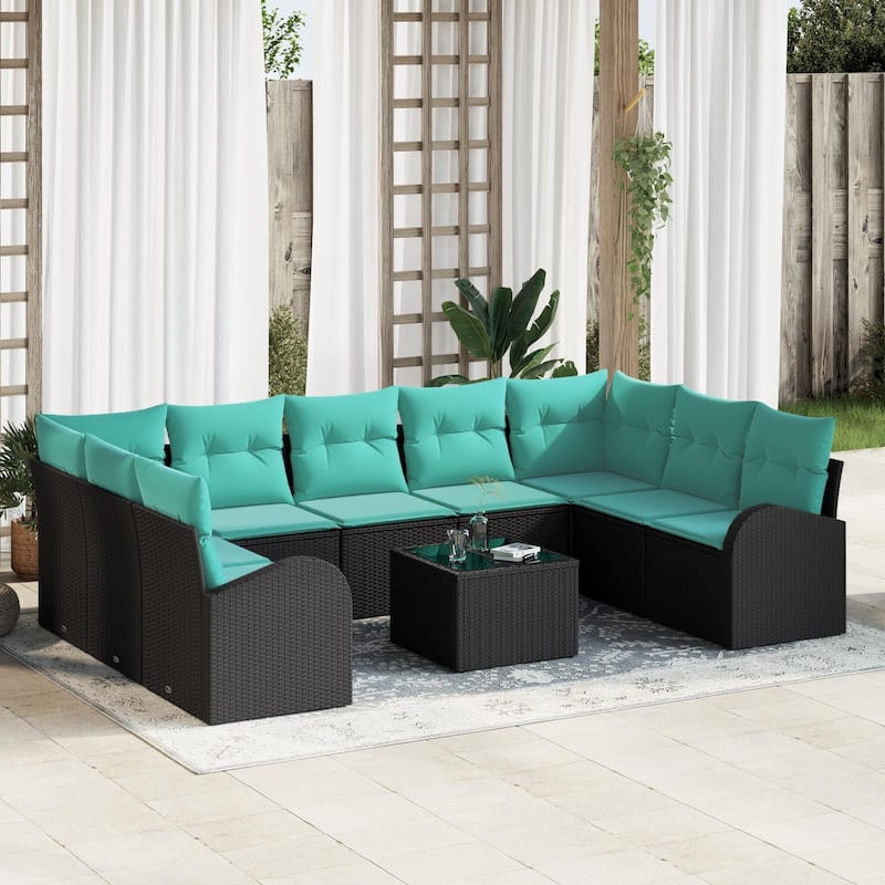 vidaXL 9/10 Garden Sofa Set with Cushions Black/Brown/Grey Poly Rattan - 113.8 x 70.5 x 27.2 - Black with table