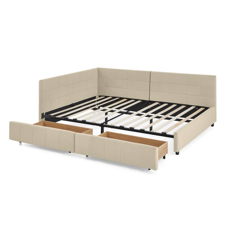 Full Size Upholstered Daybed Platform Tufted Bed Frame with Comfortable Backrest and 2 Drawers