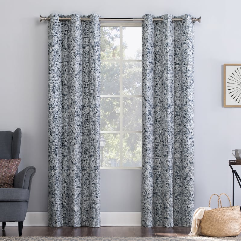 No. 918 Kenji Medallion Draft Shield Fleece Insulated Room Darkening Grommet Curtain Panel, Single Panel - Navy Blue - 40" x 84"