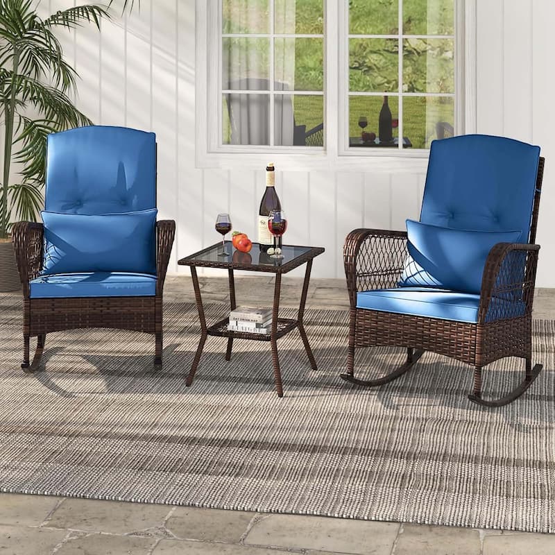3 PCS Patio Rocker Set Wicker Chairs w/ Double-Layer Coffee Table